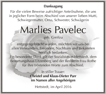Traueranzeige von Marlies Pavelec von Wochenspiegel Mansfelder Land