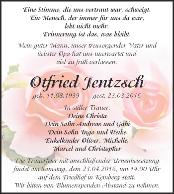 Traueranzeige von Otfried Jentzsch von Super Sonntag Wittenberg