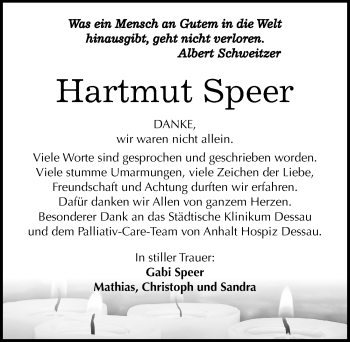 Traueranzeige von Hartmut Speer von Mitteldeutsche Zeitung Bitterfeld