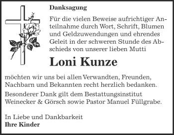 Traueranzeige von Loni Kunze von Super Sonntag Bernburg