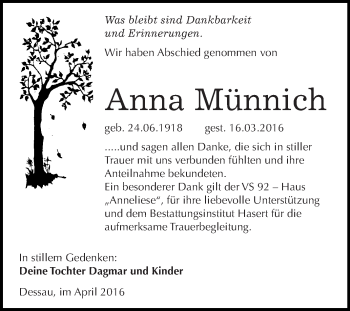 Traueranzeige von Anna Münnich von Super Sonntag Wittenberg