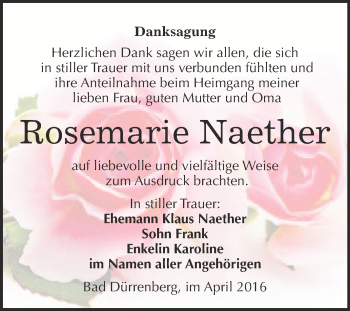Traueranzeige von Rosemarie Naether von Super Sonntag Merseburg