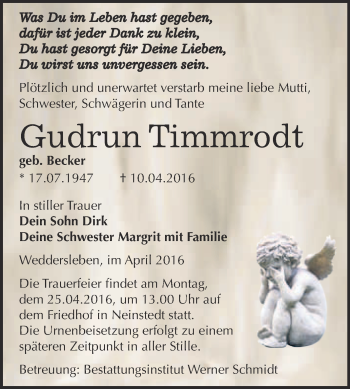 Traueranzeige von Gudrun Timmrodt von WVG - Wochenspiegel Quedlinburg