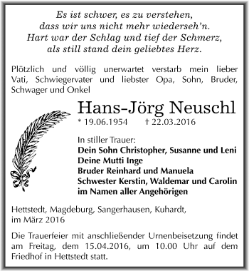 Traueranzeige von Hans-Jörg Neuschl von Mitteldeutsche Zeitung Mansfelder Land