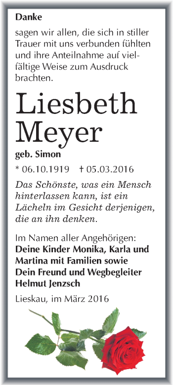 Traueranzeige von Liesbeth Meyer von Mitteldeutsche Zeitung Halle/Saalkreis