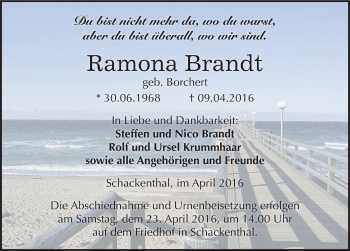 Traueranzeige von Ramona Brandt von Mitteldeutsche Zeitung Aschersleben