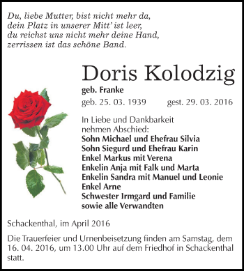 Traueranzeige von Doris Kolodzig von Super Sonntag Aschersleben