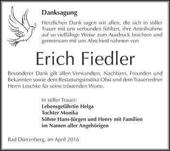 Traueranzeige von Erich Fiedler von Super Sonntag Merseburg