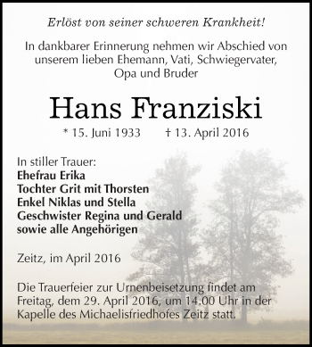 Traueranzeige von Hans Franziski von Super Sonntag Zeitz