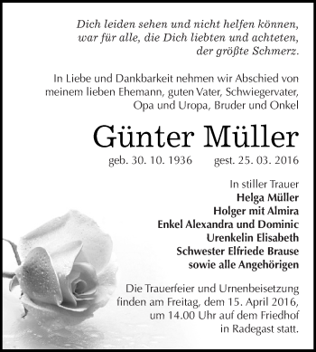 Traueranzeige von Günter Müller von WVG - Wochenspiegel Dessau / Köthen