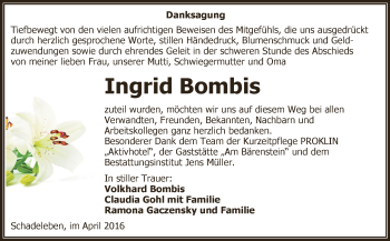 Traueranzeige von Ingrid Bombis von Super Sonntag Aschersleben