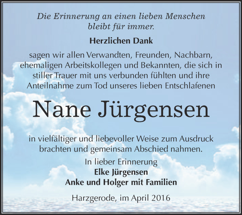  Traueranzeige für Nane Jürgensen vom 23.04.2016 aus Super Sonntag Quedlinburg