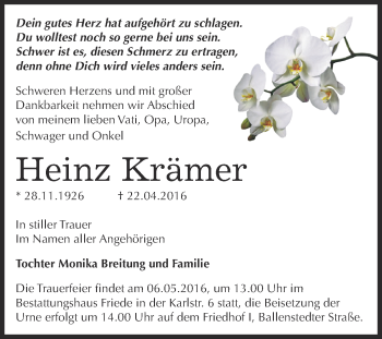 Traueranzeige von Heinz Krämer von WVG - Wochenspiegel Dessau / Köthen