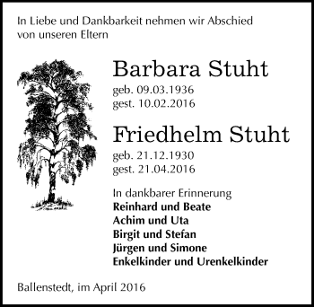 Traueranzeige von Barbara und Friedhelm Stuht von Mitteldeutsche Zeitung Quedlinburg