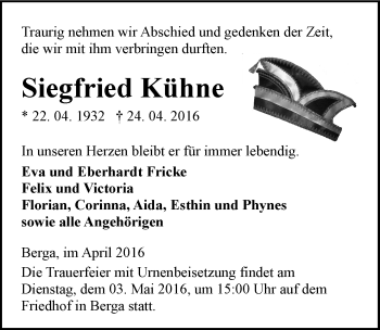 Traueranzeige von Siegfried Kühne von Mitteldeutsche Zeitung Sangerhausen