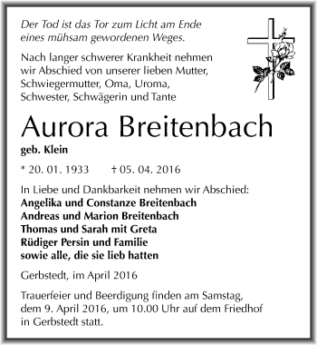 Traueranzeige von Aurora Breitenbach von Mitteldeutsche Zeitung Mansfelder Land