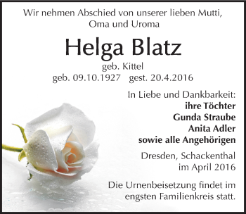 Traueranzeige von Helga Blatz von Mitteldeutsche Zeitung Aschersleben
