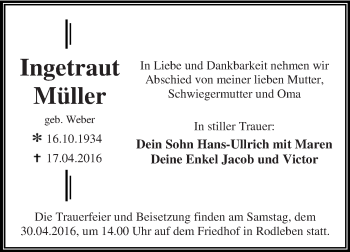 Traueranzeige von Ingetraut Müller von WVG - Wochenspiegel Dessau / Köthen