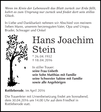 Traueranzeige von Hans Joachim Stein von WVG - Wochenspiegel SGH