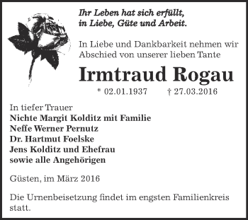 Traueranzeige von Irmtraud Rogau von Super Sonntag Bernburg