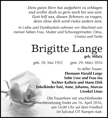 Traueranzeige von Brigitte Lange von Mitteldeutsche Zeitung Halle/Saalkreis