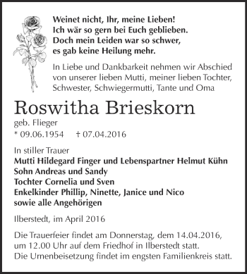 Traueranzeige von Roswitha Brieskorn von WVG - Wochenspiegel Bernburg