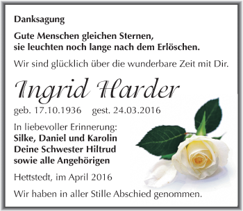 Traueranzeige von Ingrid Harder von Mitteldeutsche Zeitung Mansfelder Land