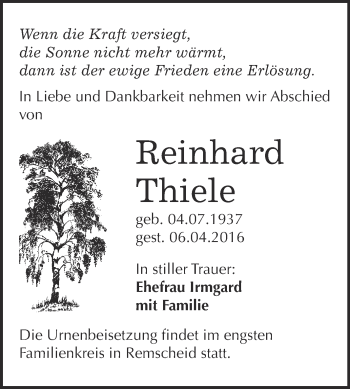 Traueranzeige von Reinhard Thiele von WVG - Wochenspiegel Wittenberg