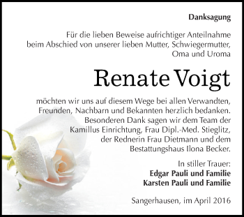 Traueranzeige von Renate Voigt von Super Sonntag SGH Mansf. Land