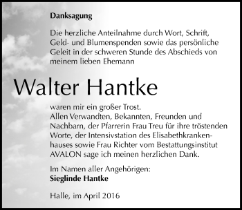 Traueranzeige von Walter Hantke von Mitteldeutsche Zeitung Halle/Saalkreis