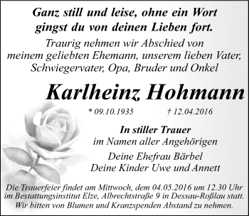 Traueranzeige von Karlheinz Hohmann von Mitteldeutsche Zeitung Dessau-Roßlau