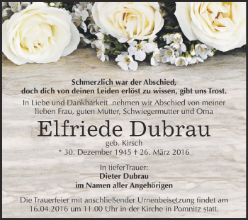Traueranzeige von Elfriede Dubrau von WVG - Wochenspiegel NMB / WSF / ZTZ