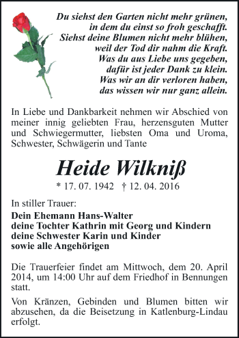 Traueranzeige von Heide Wilkniß von Mitteldeutsche Zeitung Sangerhausen
