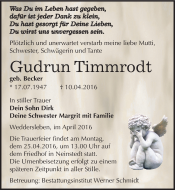 Traueranzeige von Gudrun Timmrodt von Mitteldeutsche Zeitung Quedlinburg