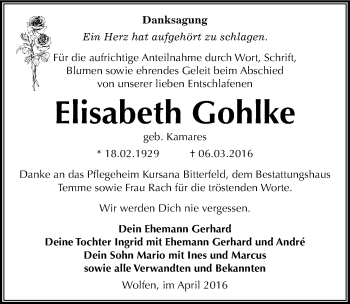 Traueranzeige von Elisabeth Gohlke von Mitteldeutsche Zeitung Köthen