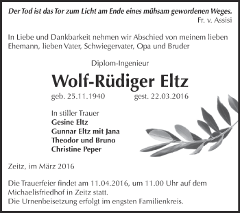 Traueranzeige von Wolf-Rüdiger Eltz von Super Sonntag Zeitz
