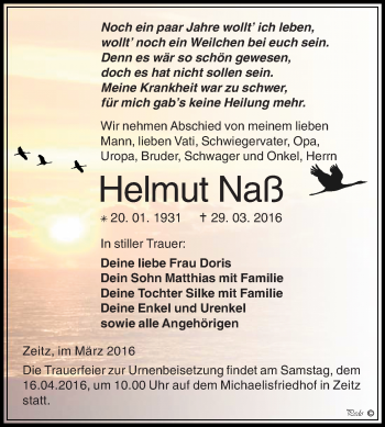Traueranzeige von Helmut Naß von Super Sonntag Zeitz