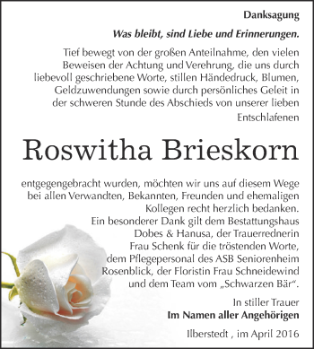 Traueranzeige von Roswitha Brieskorn von Super Sonntag Bernburg