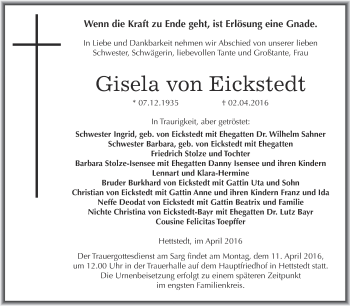 Traueranzeige von Gisela von Eickstedt von Super Sonntag SGH Mansf. Land