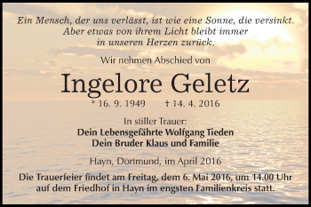 Traueranzeige von Ingelore Geletz von Super Sonntag SGH Mansf. Land
