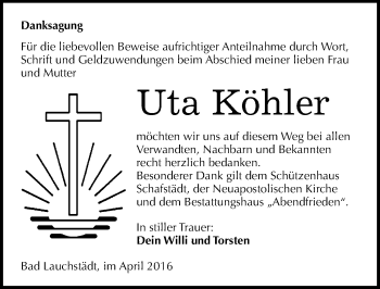 Traueranzeige von Uta Köhler von Mitteldeutsche Zeitung Merseburg/Querfurt
