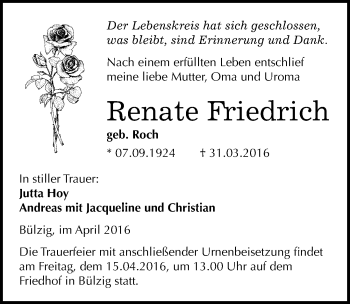 Traueranzeige von Renate Friedrich von Mitteldeutsche Zeitung Wittenberg