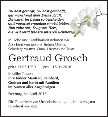 Traueranzeige von Gertraud Grosch von Mitteldeutsche Zeitung Naumburg/Nebra