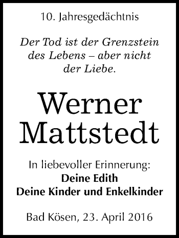 Traueranzeige von Werner Mattstedt von Mitteldeutsche Zeitung Naumburg/Nebra