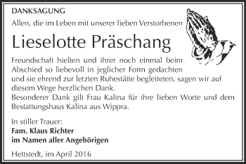 Traueranzeige von Lieselotte Präschang von Super Sonntag SGH Mansf. Land