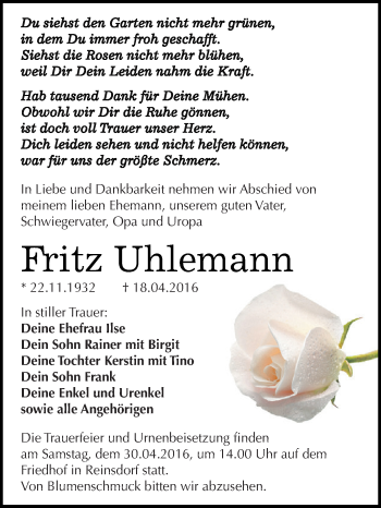 Traueranzeige von Fritz Uhlemann von Mitteldeutsche Zeitung