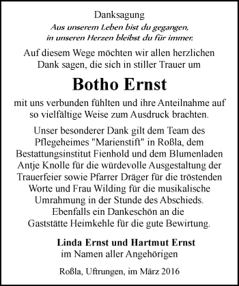 Traueranzeige von Botho Ernst von Mitteldeutsche Zeitung Sangerhausen