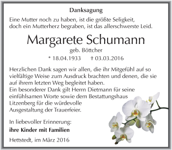Traueranzeige von Margarete Schumann von Mitteldeutsche Zeitung Mansfelder Land