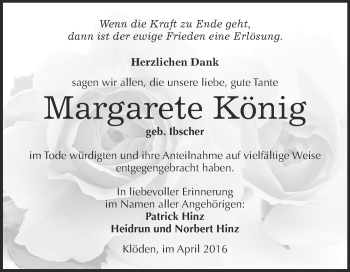 Traueranzeige von Margarete König von WVG - Wochenspiegel Wittenberg