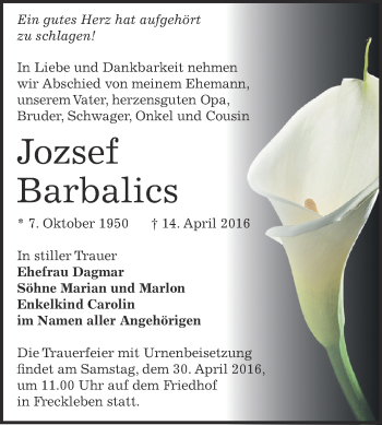 Traueranzeige von Jozsef Barbalics von Super Sonntag Aschersleben